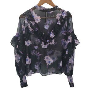 TOBI Womens Sheer Floral Ruffle Blouse Sz L Black Purple‎ Long Sleeve Bohemian